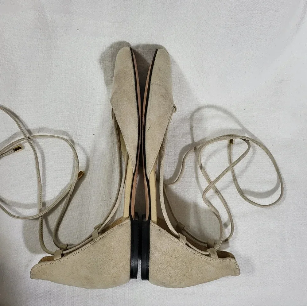 Garnet Hill Cream Suede Pointed-Toe Lace-Up Flats